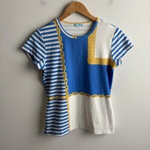 J McLaughlin Small Top Chain Equestrian Nylon Blouse Short Sleeve Blue Gold